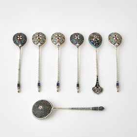 Group of Seven Russian Silver and Cloisonné Enamel Spoons