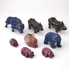 Group of Eight Russian Style Hardstone Figures of Animals