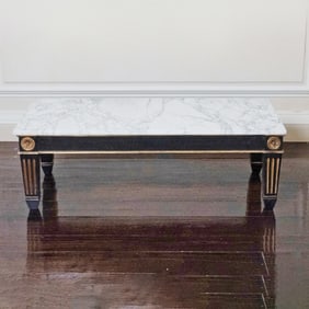 Louis XVI Style Black Painted and Parcel Gilt Low Table with a White Marble Top