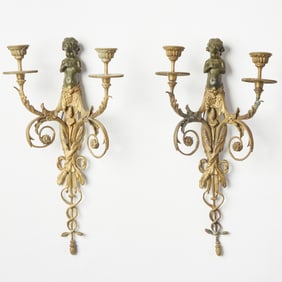Pair of Louis XVI Style Patinated and Gilt-Bronze Two-Branch Wall-Lights