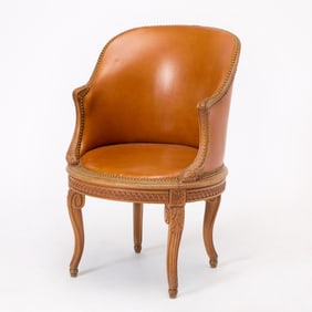 Louis XV/XVI Transitional Style Carved Walnut Leather Upholstered Barrel Back Bergère