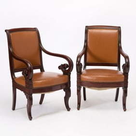 Pair of Louis Phillipe Style Leather Upholstered Mahogany Armchairs