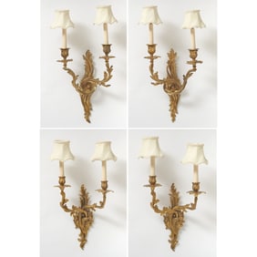Two Similar Pairs of Louis XV Style Gilt-Metal Two-Light Wall Sconces