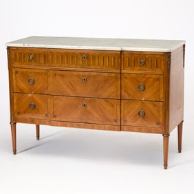 Louis XVI Style Marble Top Inlaid Tulipwood Chest