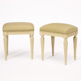 Pair of Louis XVI Style Painted Wood and Upholstered Stools