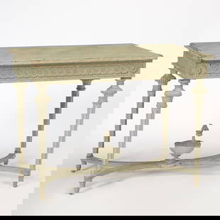 Louis XVI Style Painted Pine Side Table: Height 29 3/4 inches, width 40 1/4 inches, depth 23 1/2 inches.