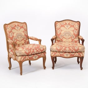 Pair of Louis XV Style Carved Walnut Fauteuils