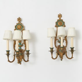 Pair of Empire Style Gilt and Patinated Metal Three-Light Wall Sconces