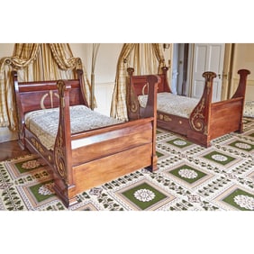 Pair of Empire Style Gilt-Bronze Mahogany Twin Size Beds