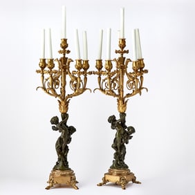 Pair of Empire Style Gilt and Patinated Bronze Four Light Candelabra