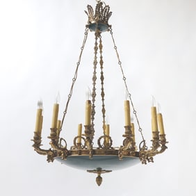 Empire Style Gilt and Patinated Metal Twelve-Light Chandelier