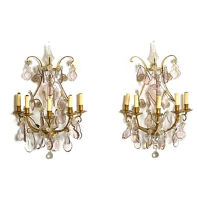 Pair of Louis XVI Style Lyre-Form Brass and Glass Five-Light Wall Sconces