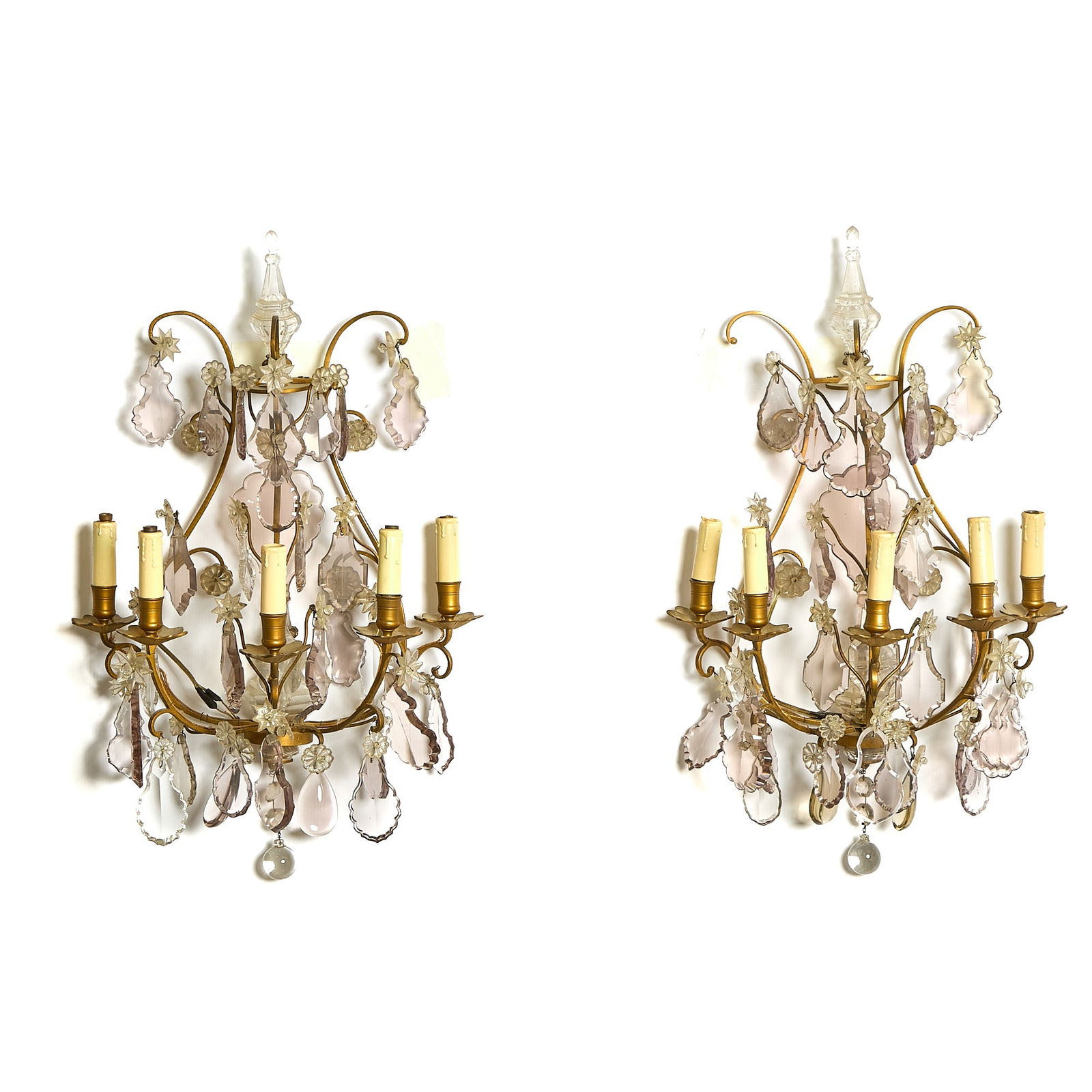 Pair of Louis XVI Style Lyre-Form Brass and Glass Five-Light Wall Sconces (1 of 2)