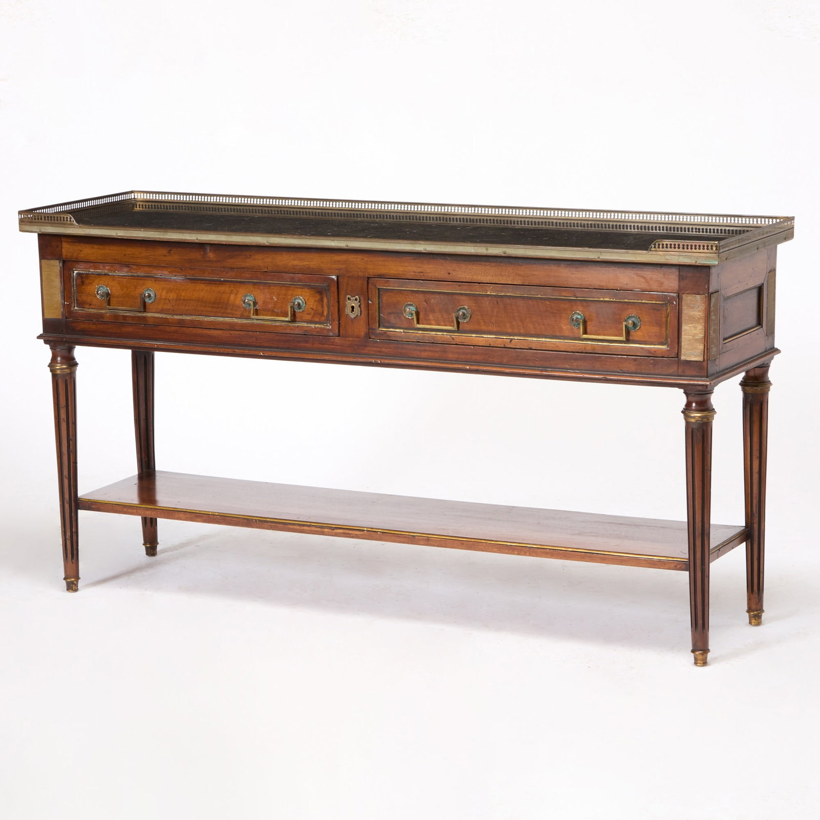 Louis XVI Style Brass Mounted Mahogany Marble Top Console: 20th Century Height 29 inches, width 54 inches, depth 15 1/8 inches. bending to gallery; loss to one brass mount on left side; some brass lifting; old marks and scratches; scuffs and we