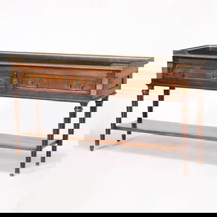 Louis XVI Style Brass Mounted Mahogany Marble Top Console: 20th Century Height 29 inches, width 54 inches, depth 15 1/8 inches.  bending to gallery; loss to one brass mount on left side; some brass lifting; old marks and scratches; scuffs and we