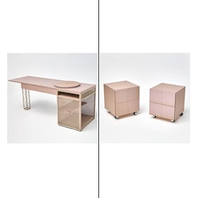 Custom Metal and Laminate Desk and Pair of Cube Rolling Cabinets Late 20th century