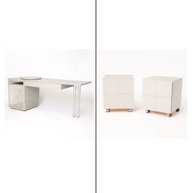 Custom Metal and Laminate Desk and Pair of Cube Rolling Cabinets Late 20th century