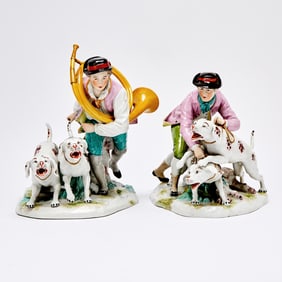 Pair of German Dresden Porcelain Hunting Themed Figural Groups With Dogs
