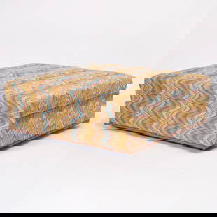 Upholstered Ottoman: Recent manufacture Height 18 inches, 52 inches square.  no known maker, not marked; some loose threads