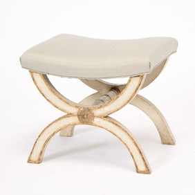 Continental Neoclassical Style Upholstered Painted and Parcel Gilt Curule Stool