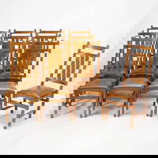 Set of Ten Audi Stickley Oak Dining Chairs: Height 43 inches, width 17 3/4 inches, depth of seat 16 inches, height of seat 19 inches.