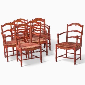 Set of Eight French Provincial Style Red Painted Rattan Armchairs