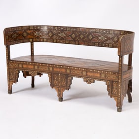 Syrian Mother-of-Pearl and Bone Inlaid Walnut Bench