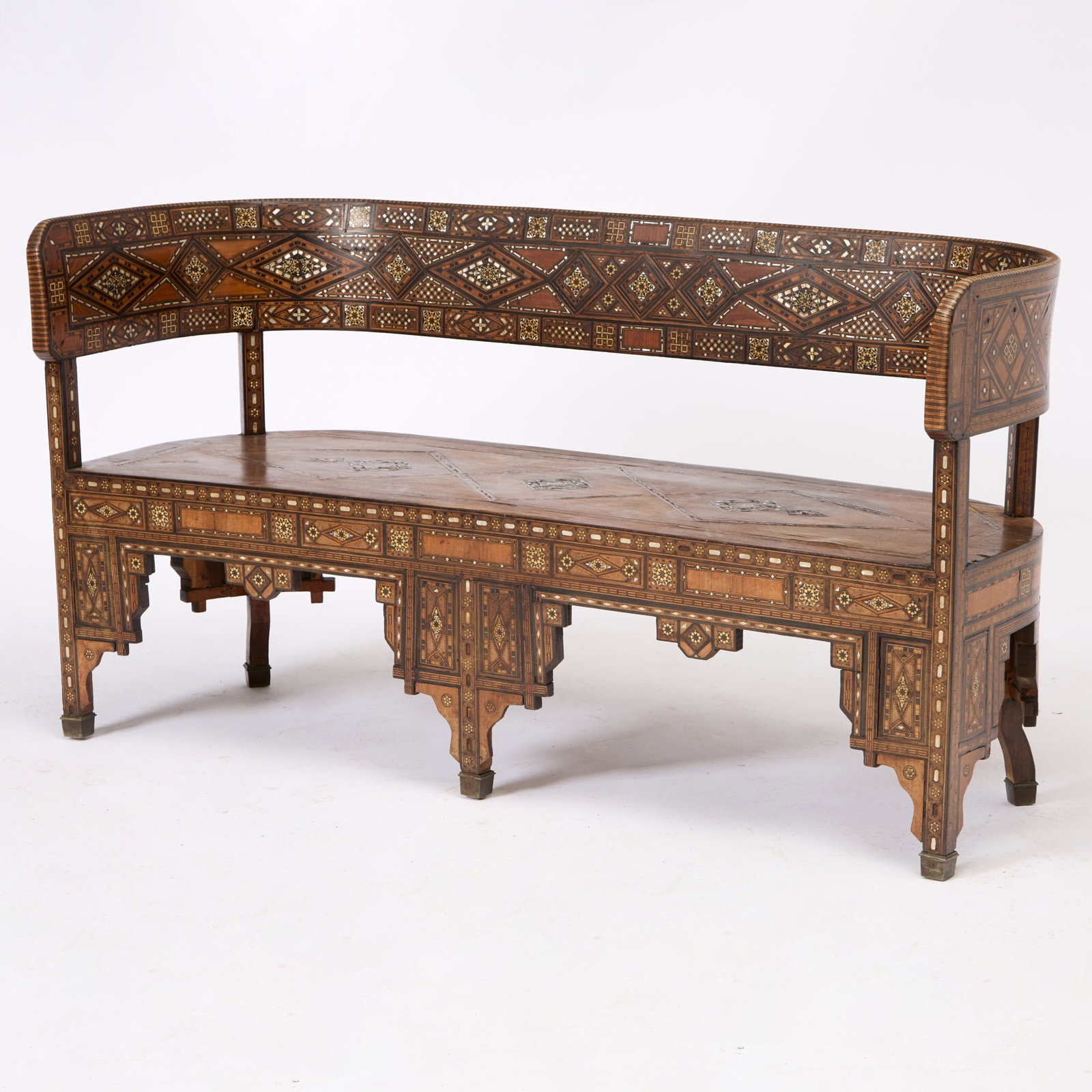 Syrian Mother-of-Pearl and Bone Inlaid Walnut Bench: 20th Century Height 31 inches, width 59 1/4 inches, depth 21 inches. Provenance: Blackman Cruz, Los Angeles, 2021 Losses to inlay; some fading and water stains