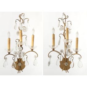 Pair of Maison Bagues Style Gilt-Metal and Glass Three-Light Sconces