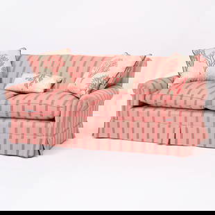 Upholstered Love Seat and Three Coral Throw Pillows: Height 32 1/2 inches, width 6 feet 3 inches, depth of seat 24 inches.