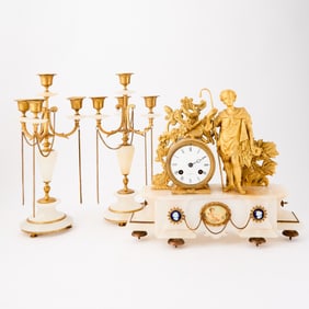 French Gilt Metal and Alabaster Three Piece Clock Garniture