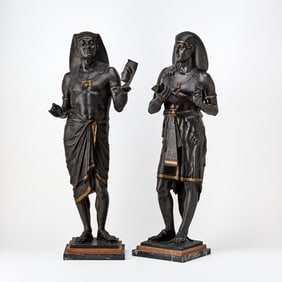 Pair of Patinated Bronze Figures of Egyptian Attendants