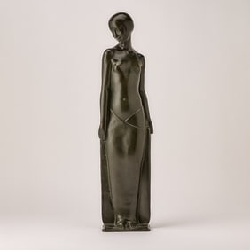 French Art Deco Dark Green Patinated Bronze Figure of a Young Woman Entitled 'Odalisque'
