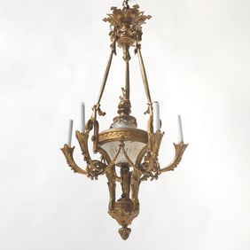 French Bronze and Glass Six-Light Chandelier