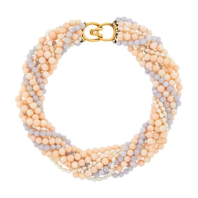 Tiffany & Co. Multistrand Angel Skin Coral and Blue Lace Agate Bead and Freshwater Pearl Torsade