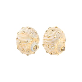 Pair of Gold, Shell, Diamond and Colored Diamond Earrings