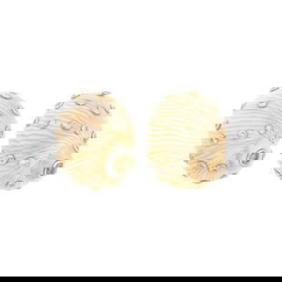 Pair of Gold, Shell, Diamond and Colored Diamond Earrings: 18 kt., 40 round diamonds ap. .90 ct., 2 round orangy brown diamonds ap. .30 ct., signed H.H., ap. 13.6 dwts. gross. Shells: faint hairline crack on one shell, good luster.Diamonds: H-I-VS.Colored