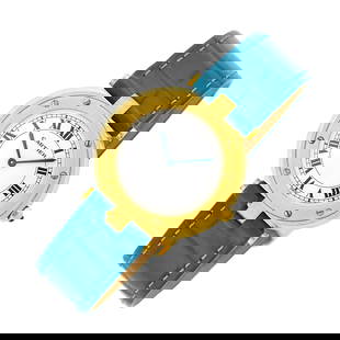 Cartier Gold 'Santos Vendome' Wristwatch: 18 kt., quartz, round white dial, black Roman numerals, minute indicators, satin-finish screw-down bezel, polished case, round cabochon blue spinel crown, sapphire crystal, case dia. ap. 32.4 mm., tea