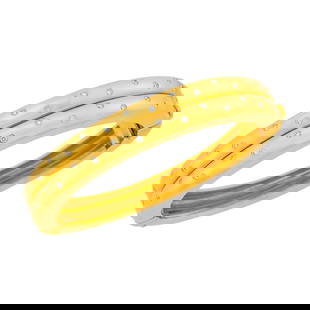 Convertible Gold, Sapphire and Diamond Bangle Bracelet: 18 kt., 21 square and rectangular-cut sapphires ap. 3.75 cts., 34 round diamonds ap. .90 ct., with maker's mark attributed to Winc Creations, panels open to recessed line of sapphires, ap. 39 dwts.