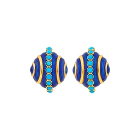 Tiffany & Co. Pair of Gold, Blue Enamel and Turquoise Earclips
