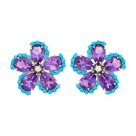 Pair of White Gold, Amethyst, Turquoise and Diamond Flower Earrings