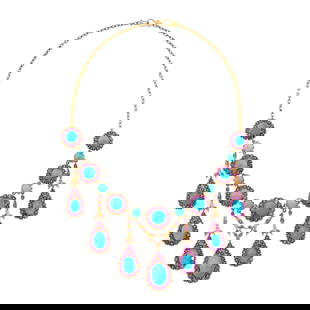 Rose Gold, Amethyst and Turquoise Fringe Necklace: 13 round cabochon turquoise ap. 10.0 to 6.0 mm., one oval cabochon turquoise ap. 15.0 x 10.4 x 7.8 mm., 6 oval cabochon turquoise ap. 12.0 x 8.0 x 6.4 to 9.8 x 7.0 x 5.7 mm., round amethysts, ap.