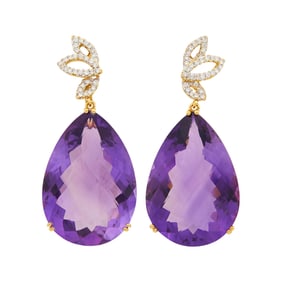 Pair of Gold, Amethyst and Diamond Pendant-Earclips