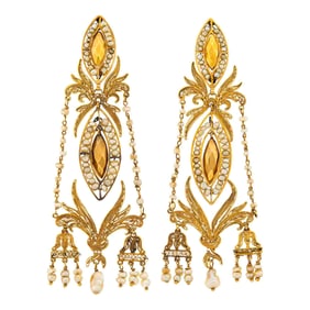 Pair of Antique Gold and Pearl Pendant-Earrings