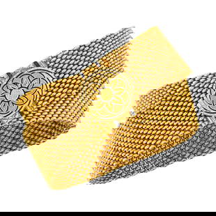 Antique Gold and Black Enamel Mesh Choker Necklace: Ap. 47 dwts. Length 12 1/2 inches. Tests as 14 kt.Several sections of deeper patina.Width 7/8 inch.