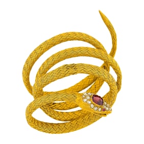 Antique Woven Mesh Gold, Garnet and Diamond Serpent Coiled Bracelet