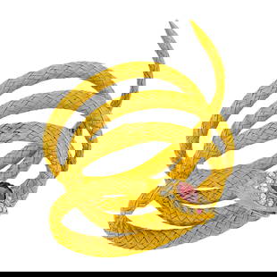 Antique Woven Mesh Gold, Garnet and Diamond Serpent Coiled Bracelet: One cushion-shaped garnet, rose-cut diamonds, small round ruby eyes, c. 1840, ap. 21 dwts. Inner cir. adjustable. Tests as 14 kt. Several dents.Garnet: vivid slightly purplish rose, slightly