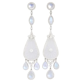 Fred Leighton Pair of Platinum, Carved Rock Crystal, Diamond and Moonstone Pendant-Earrings