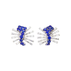 Garrard Pair of Platinum, Sapphire and Diamond Spray Earrings