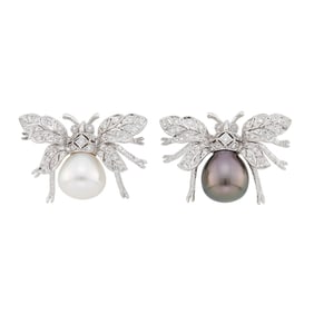 Pair of White Gold, South Sea and Tahitian Gray Cultured Pearl and Diamond Bee Pins